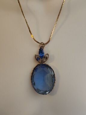 Vintage Style Blue Czech Glass Pendant Necklace Gold Tone Frame
